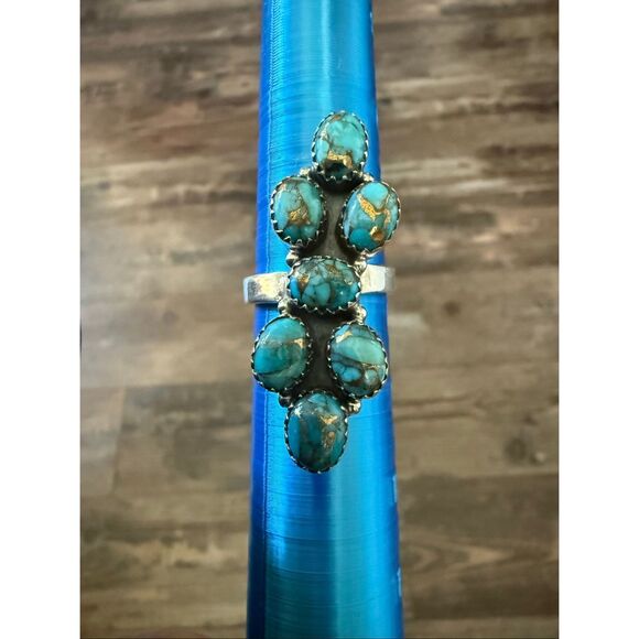 Unique Blue Copper Turquoise Multi Stone Ring Southwestern Silver Adjustable - Picture 3 of 6